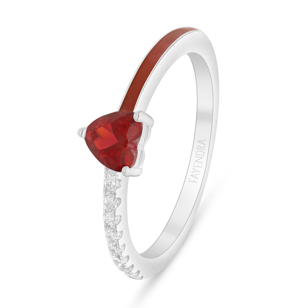 Sterling Silver 925 Ring Rhodium Plated Embedded With Ruby Corundum And Red Enamel And White Zircon