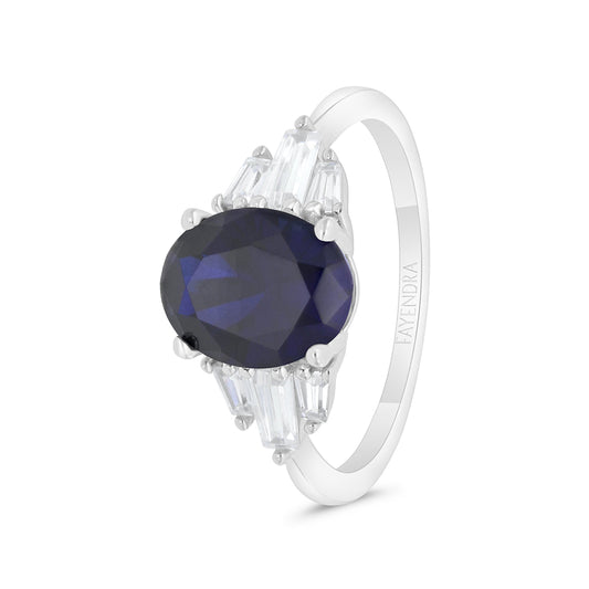 Sterling Silver 925 Ring Rhodium Plated Embedded With Sapphire Corundum And White Zircon