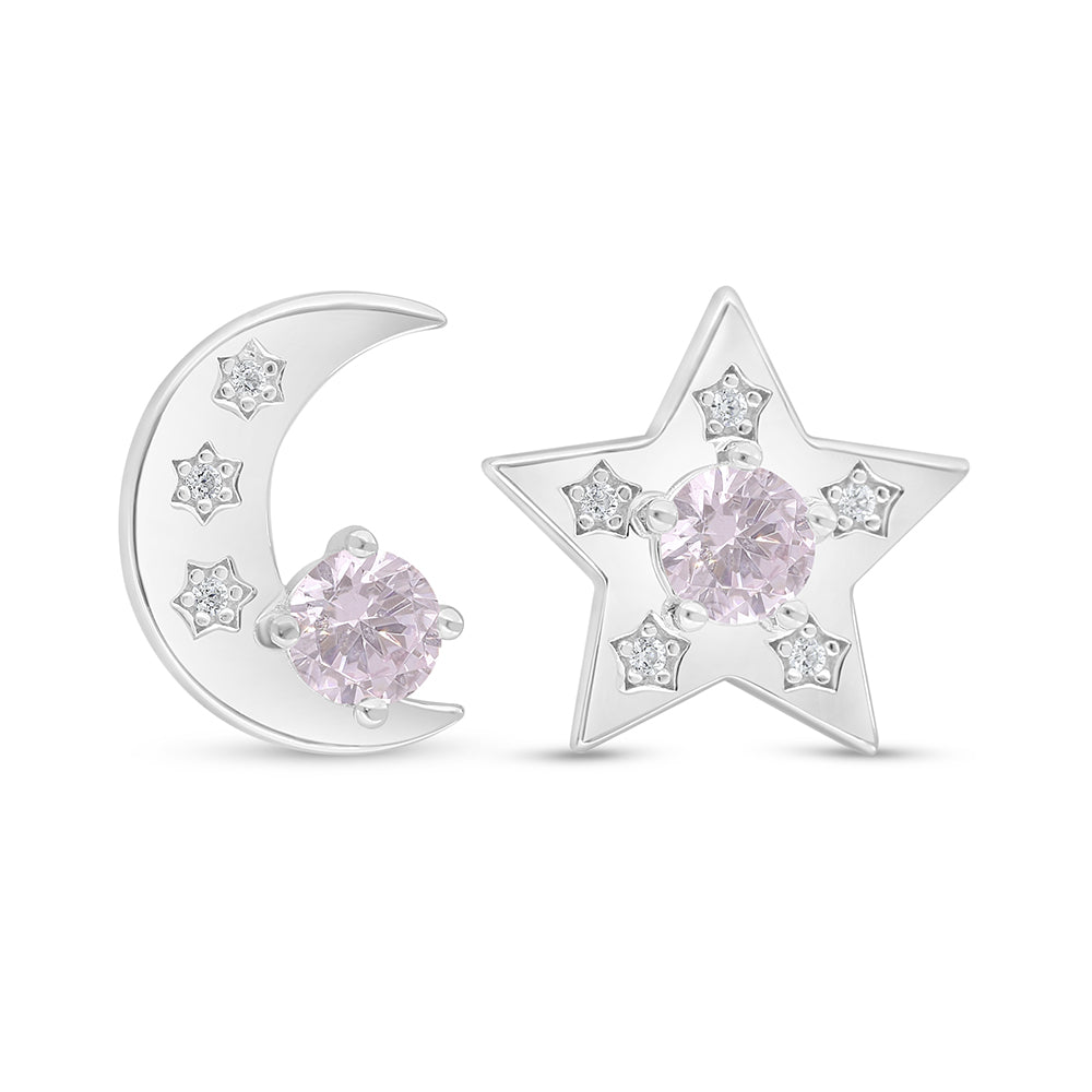 Sterling Silver 925 Earring Rhodium Plated Embedded With Pink Zircon And White Zircon