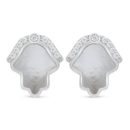 Sterling Silver 925 Earring Rhodium Plated Embedded With White Shell And White Zircon