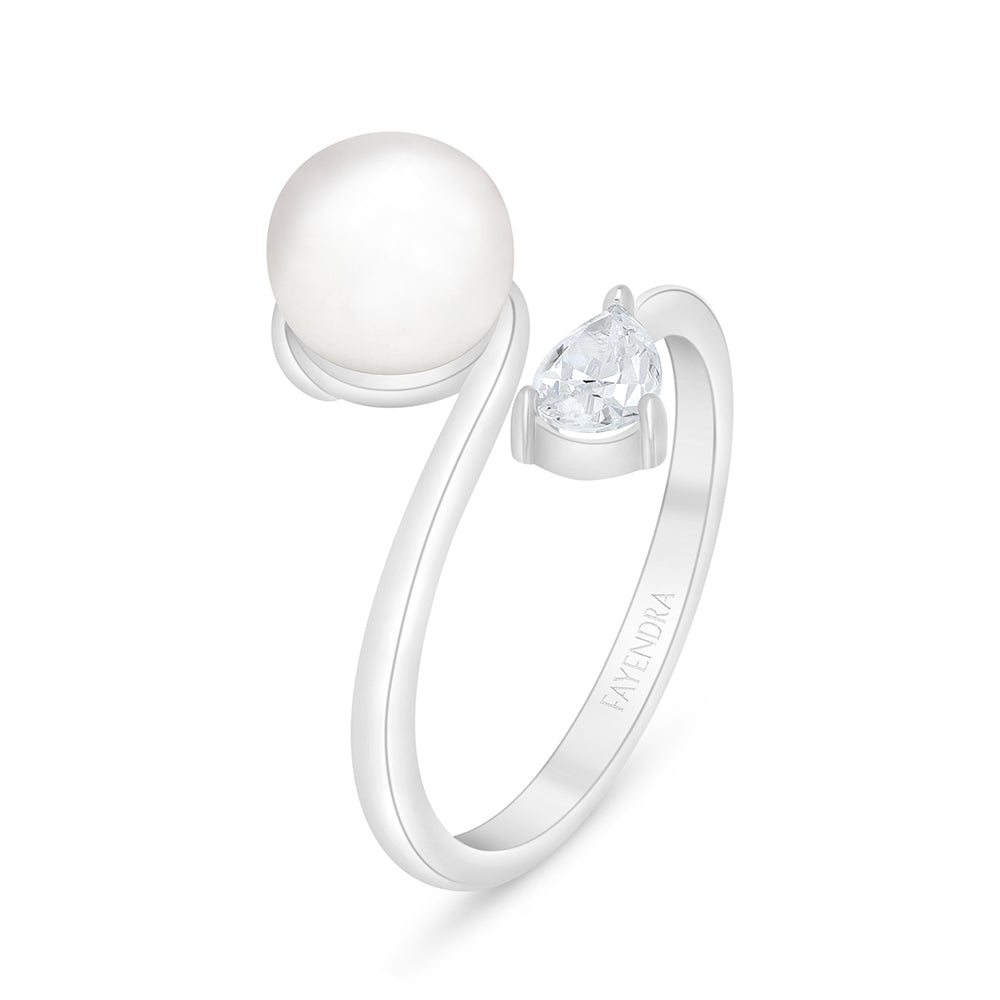 Sterling Silver 925 Ring Rhodium Plated Embedded With Natural White Pearl And White Zircon