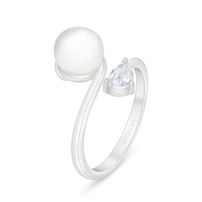 Sterling Silver 925 Ring Rhodium Plated Embedded With Natural White Pearl And White Zircon
