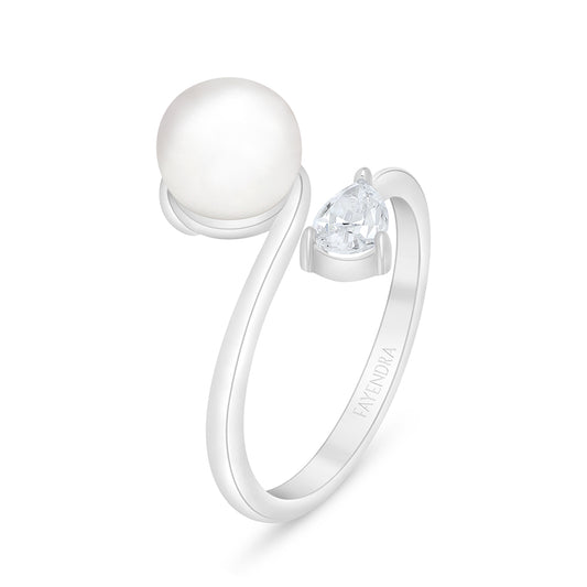 Sterling Silver 925 Ring Rhodium Plated Embedded With Natural White Pearl And White Zircon