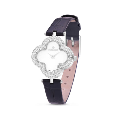 Stainless Steel 316L Watch Silver Color Black Leather Embedded With White Zircon - WHITE MOP DIAL