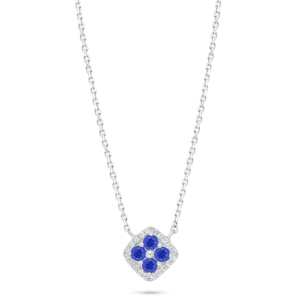Sterling Silver 925 Necklace Rhodium Plated Embedded With Sapphire Corundum And White Zircon