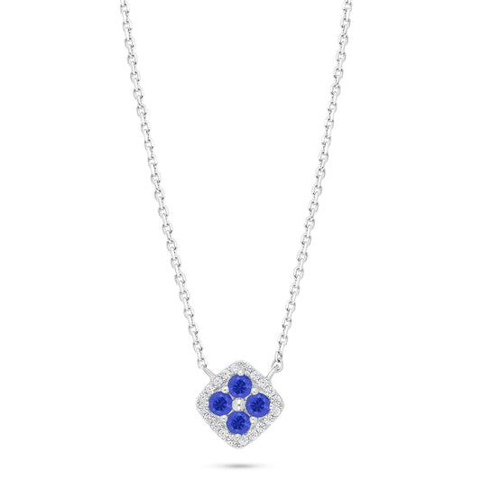 Sterling Silver 925 Necklace Rhodium Plated Embedded With Sapphire Corundum And White Zircon