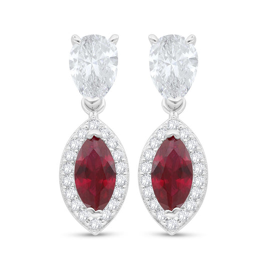 Sterling Silver 925 Earring Rhodium Plated Embedded With Ruby Corundum And White Zircon