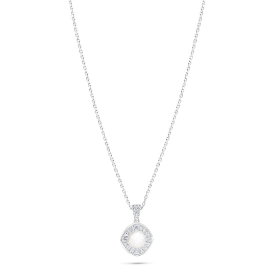 عقد من الفضة الخالصة عيار 925 مطلي روديوم مرصع لولو ابيض طبيعي و فص ابيض