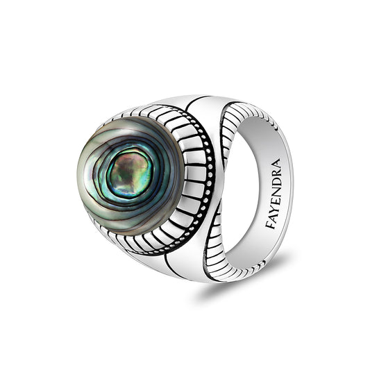 Sterling Silver 925 Ring Rhodium And Black Plated Embedded With Cabochon Paua Shell For Men