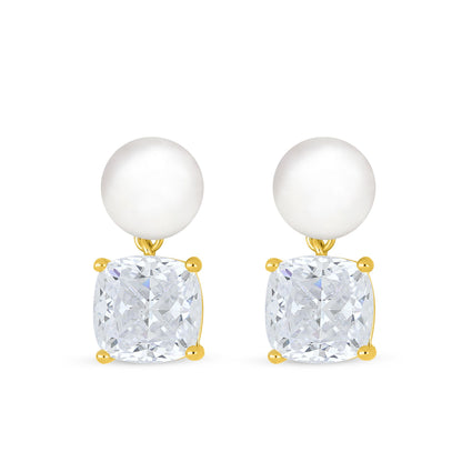 Sterling Silver 925 Earring Golden Plated Embedded With Natural White Pearl And Diamond Zircon
