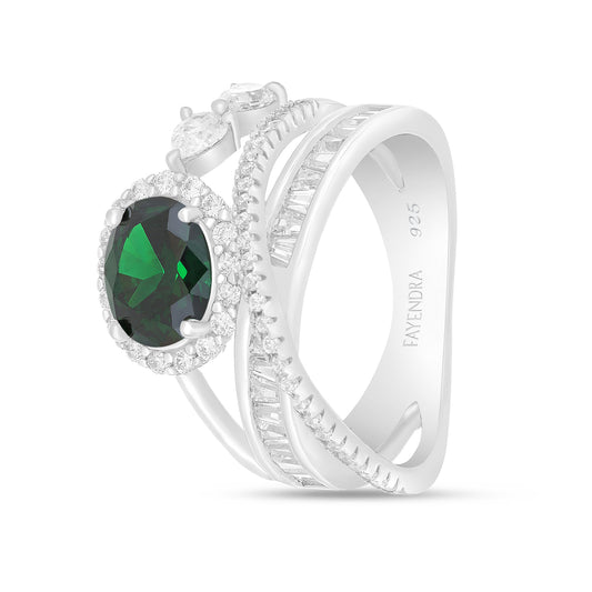 Sterling Silver 925 Ring Rhodium Plated Embedded With Emerald Zircon And White Zircon
