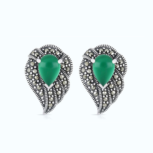 Sterling Silver 925 Earring Embedded With Natural Green Agate And Marcasite Stones