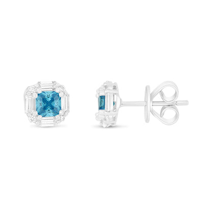 Sterling Silver 925 Earring Rhodium Plated Embedded With Aqua Zircon Color And White Zircon