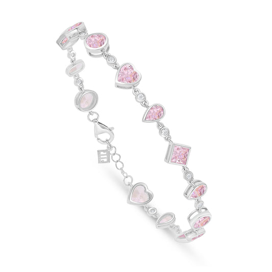 Sterling Silver 925 Bracelet Rhodium Plated Embedded With Pink Zircon And White Zircon