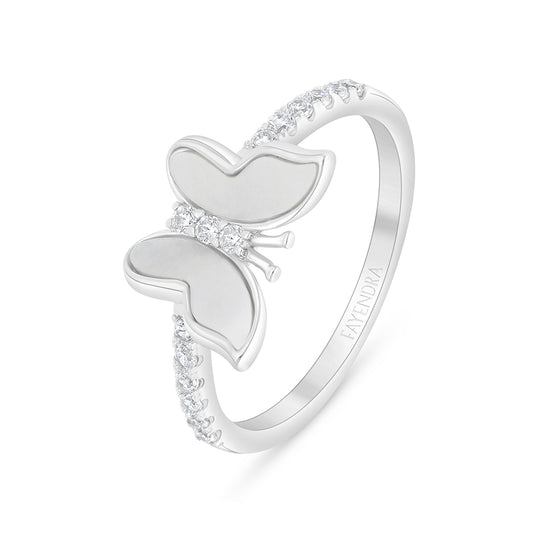 Sterling Silver 925 Ring Rhodium Plated Embedded With White Shell And White Zircon