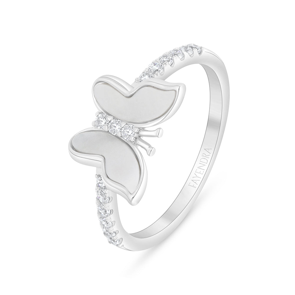 Sterling Silver 925 Ring Rhodium Plated Embedded With White Shell And White Zircon