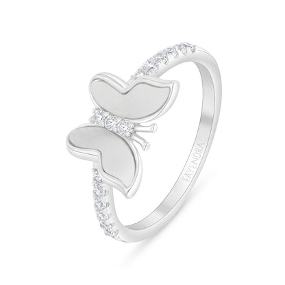 Sterling Silver 925 Ring Rhodium Plated Embedded With White Shell And White Zircon