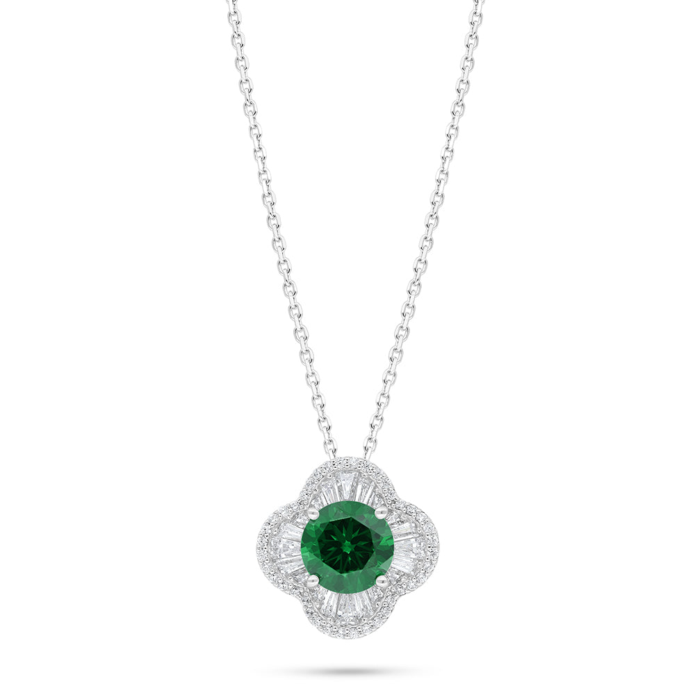 Sterling Silver 925 Necklace Rhodium Plated Embedded With Emerald Zircon And White Zircon