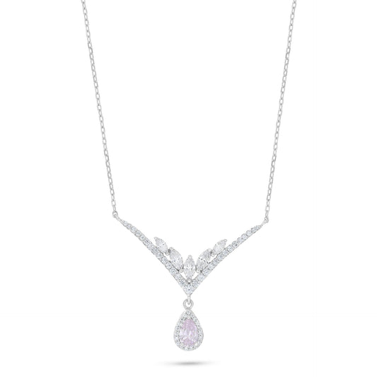 Sterling Silver 925 Necklace Rhodium Plated Embedded With Pink Zircon And White Zircon