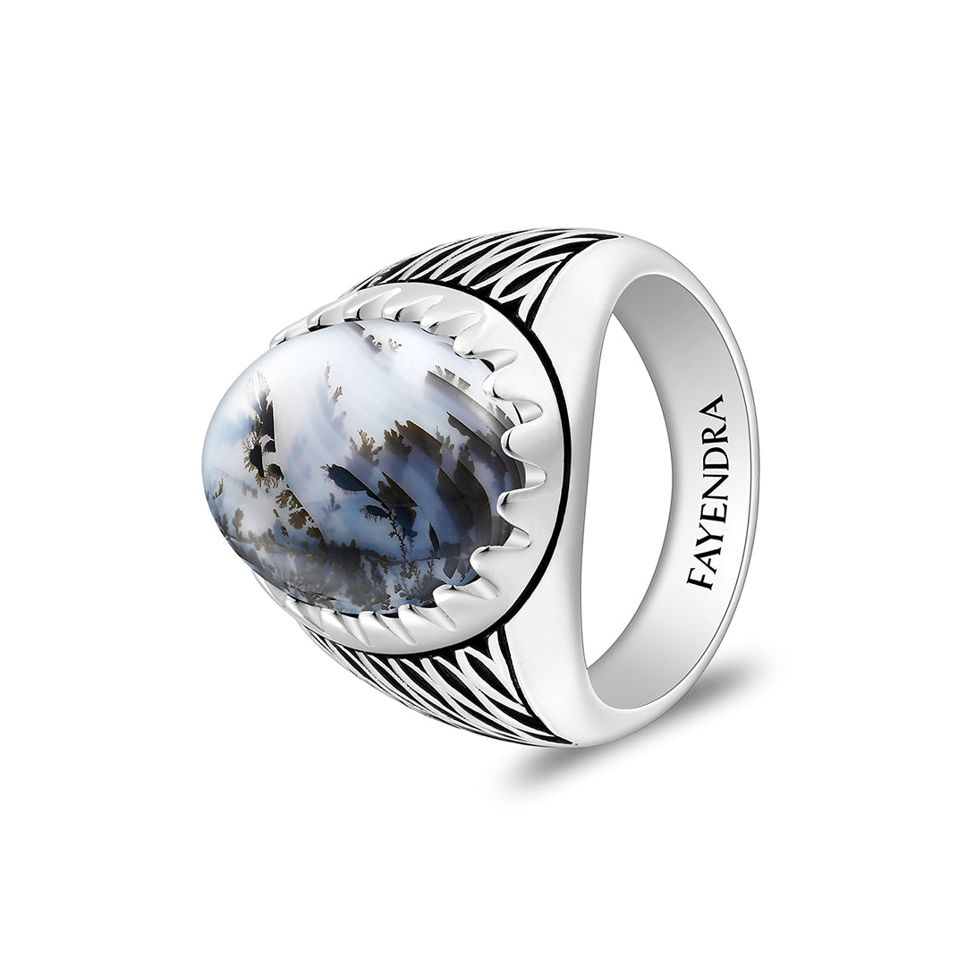 Sterling Silver 925 Ring Rhodium And Black Plated Embedded With Cabochon Natural Agate For Men