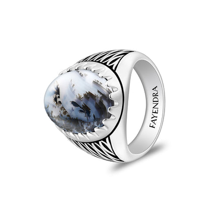 Sterling Silver 925 Ring Rhodium And Black Plated Embedded With Cabochon Natural Agate For Men