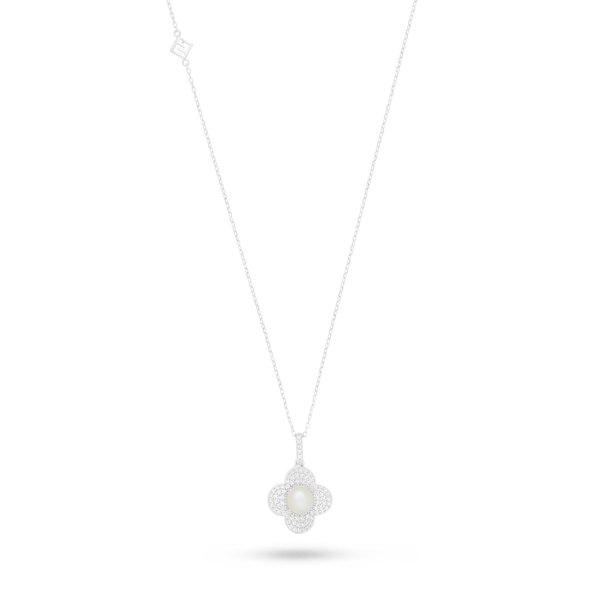 Sterling Silver 925 Necklace Rhodium Plated Embedded With Natural White Pearl And White Zircon