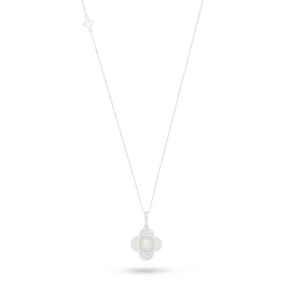 Sterling Silver 925 Necklace Rhodium Plated Embedded With Natural White Pearl And White Zircon