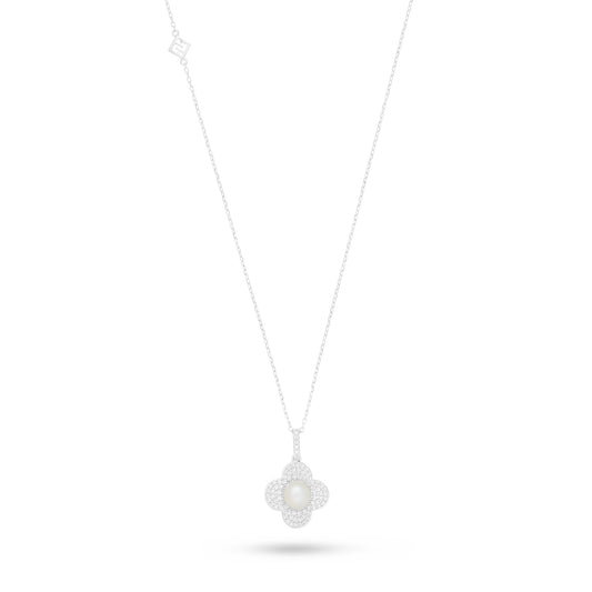 Sterling Silver 925 Necklace Rhodium Plated Embedded With Natural White Pearl And White Zircon
