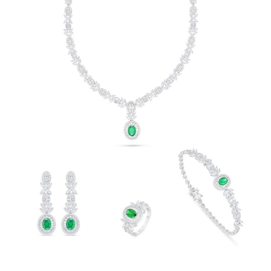 Sterling Silver 925 Set Rhodium Plated Embedded With Emerald Zircon And White Zircon