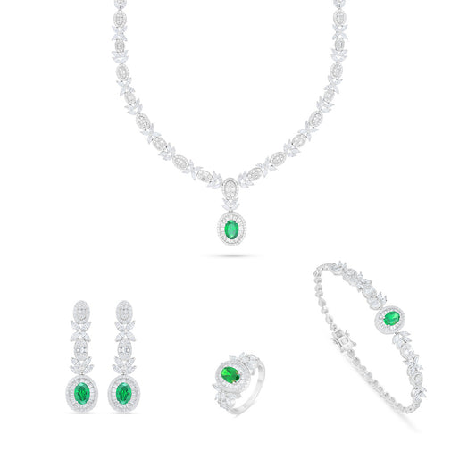 Sterling Silver 925 Set Rhodium Plated Embedded With Emerald Zircon And White Zircon
