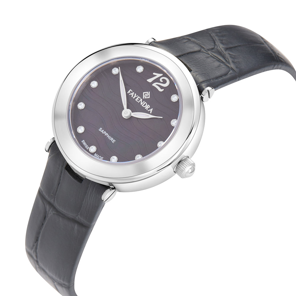 Stainless Steel 316L Watch Silver Color Black Leather And White Zircon - BLACK MOP DIAL