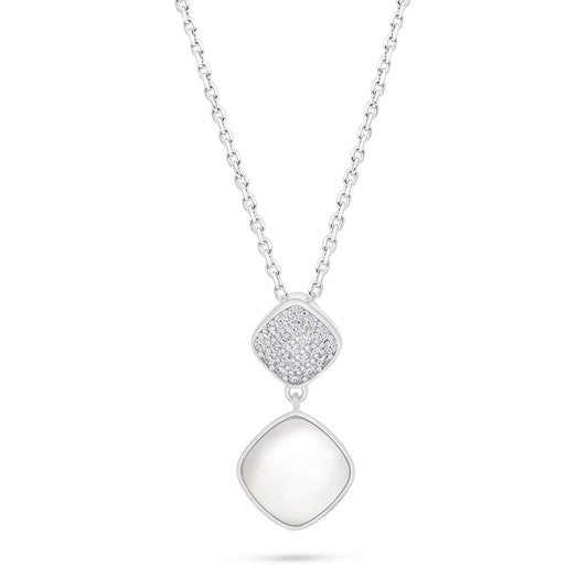 عقد من الفضة الخالصة عيار 925 مطلي روديوم مرصع صدف ابيض و فص ابيض