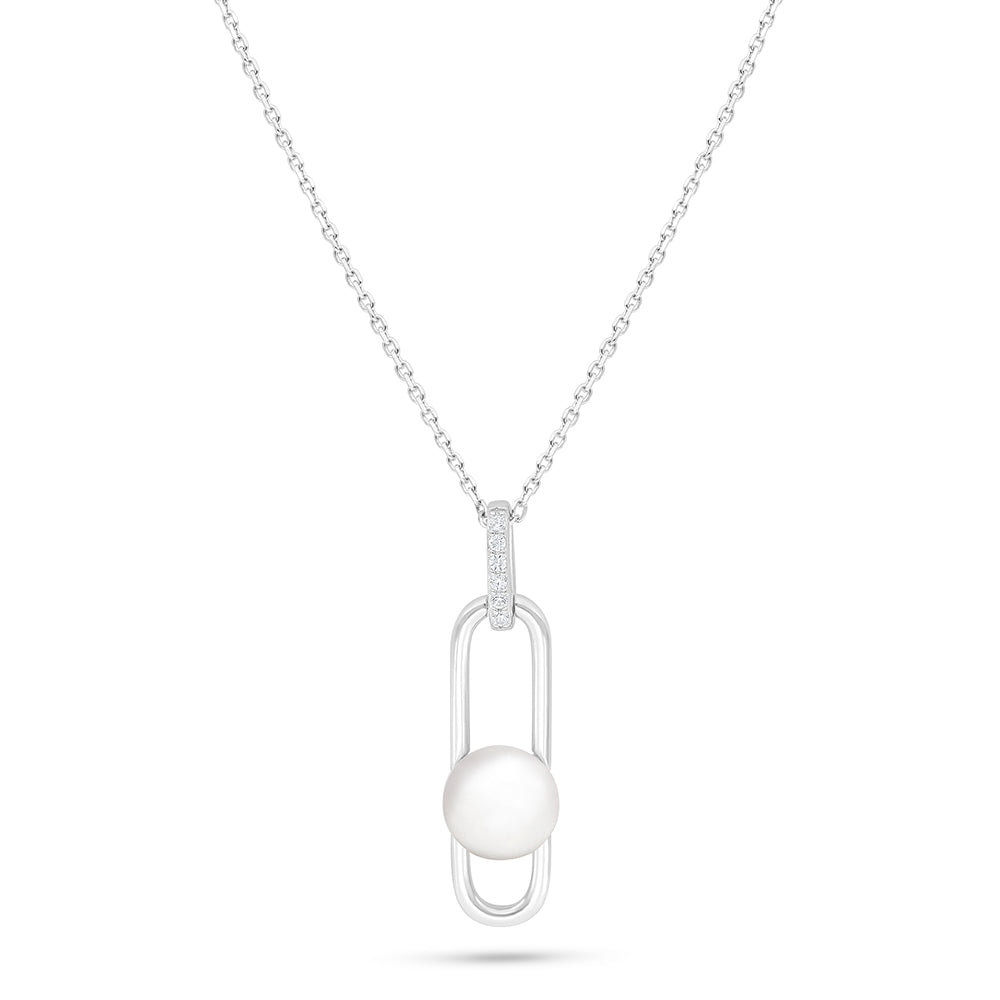 عقد من الفضة الخالصة عيار 925 مطلي روديوم مرصع لولو ابيض طبيعي و فص ابيض