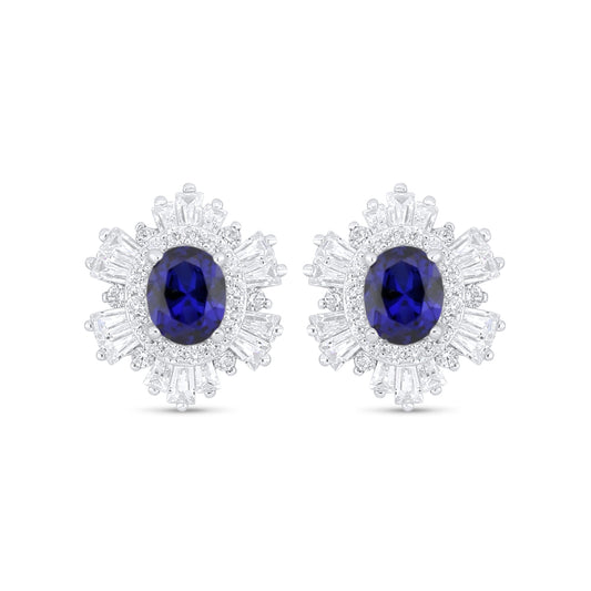 Sterling Silver 925 Earring Rhodium Plated Embedded With Sapphire Corundum And White Zircon