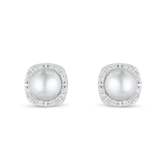 Sterling Silver 925 Earring Rhodium Plated Embedded With Natural White Pearl And White Zircon
