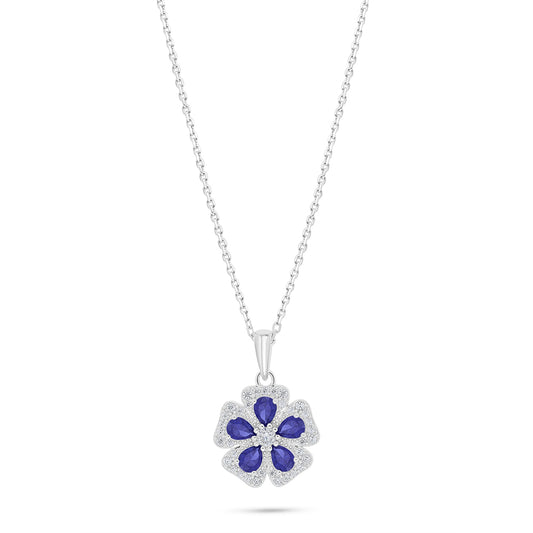 Sterling Silver 925 Necklace Rhodium Plated Embedded With Sapphire Corundum And White Zircon