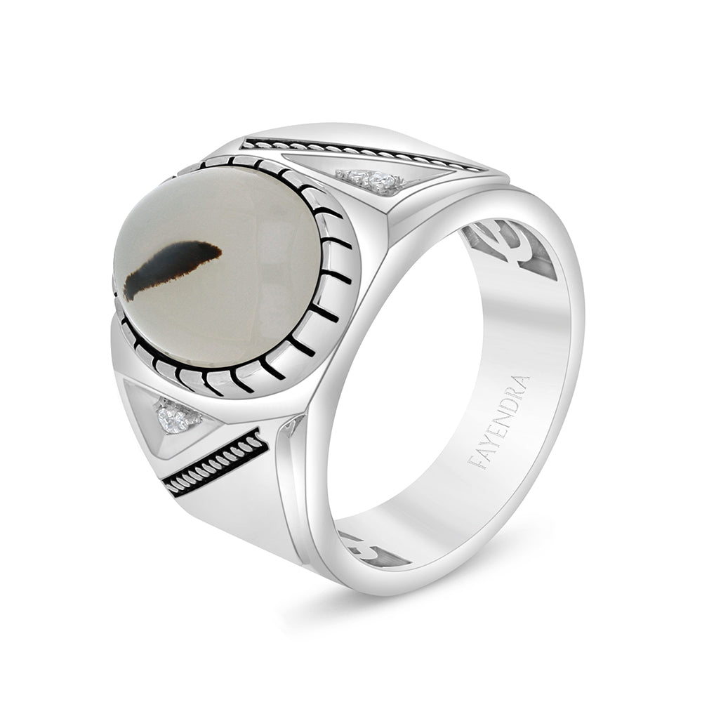 Sterling Silver 925 Ring Rhodium And Black Plated Embedded With Cabochon Natural Agate And White Zircon For Men
