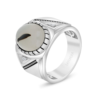 Sterling Silver 925 Ring Rhodium And Black Plated Embedded With Cabochon Natural Agate And White Zircon For Men