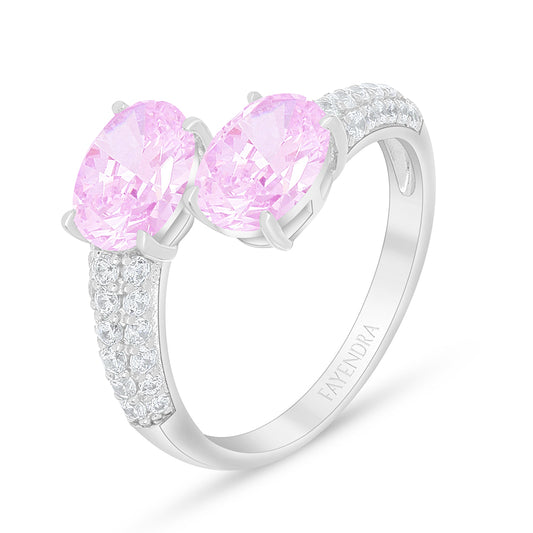 Sterling Silver 925 Ring Rhodium Plated Embedded With Pink Zircon And White Zircon