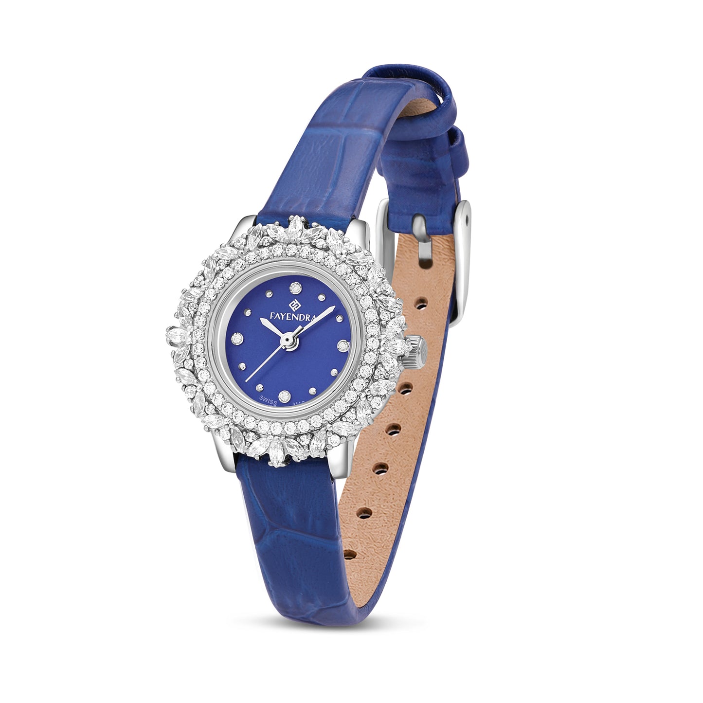 Stainless Steel 316 Watch Silver Color Blue Leather Embedded With White Zircon - BLUE MOP DIAL