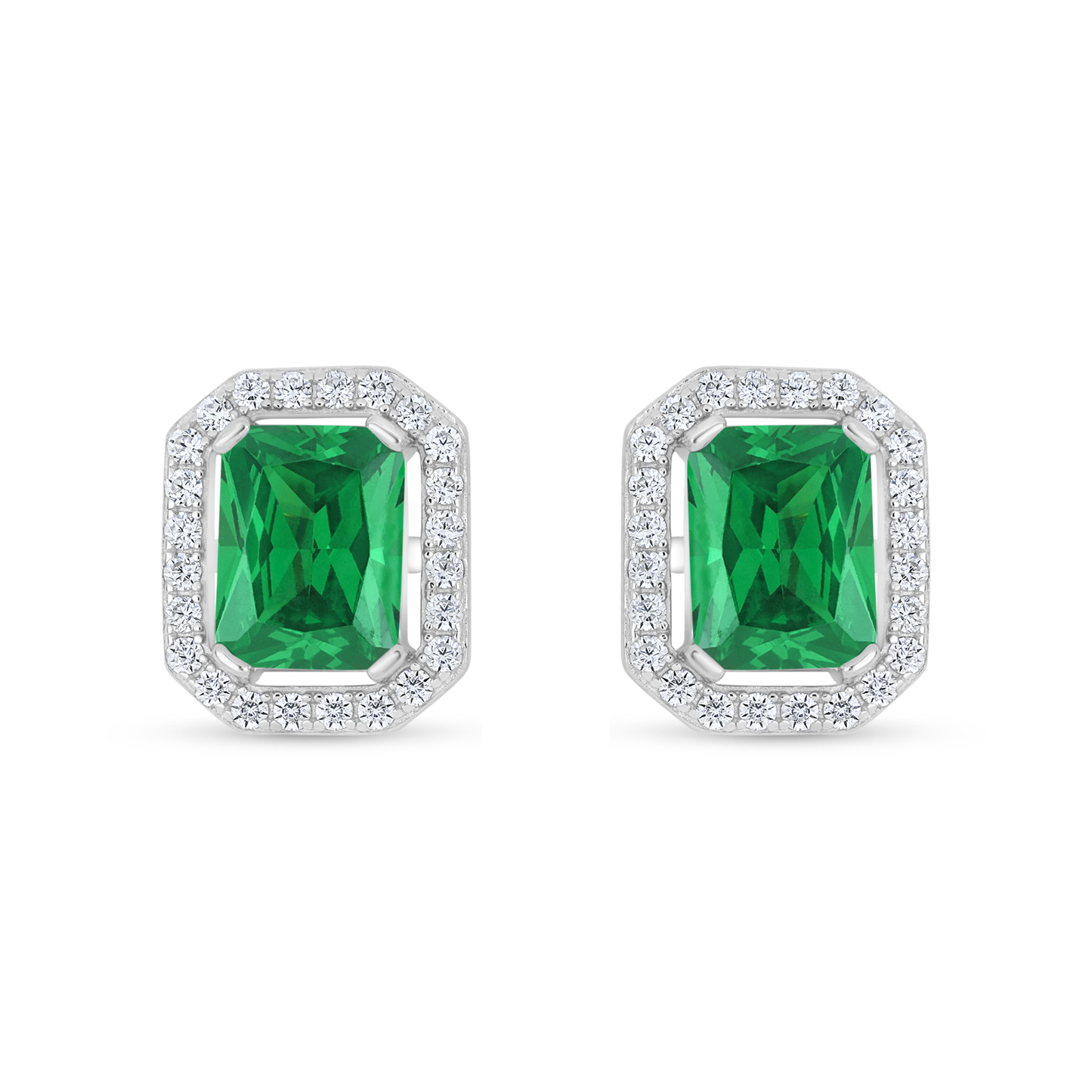 Sterling Silver 925 Earring Rhodium Plated Embedded With Emerald Zircon And White Zircon