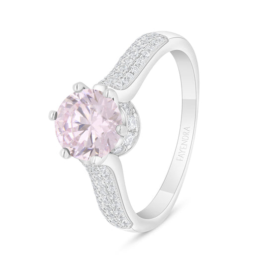 Sterling Silver 925 Ring Rhodium Plated Embedded With Pink Zircon And White Zircon