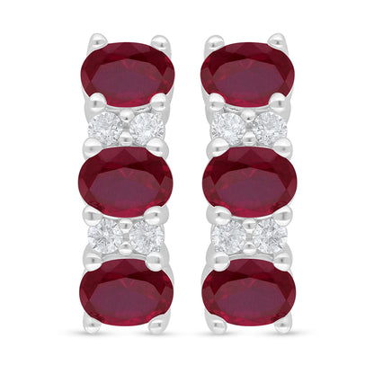 Sterling Silver 925 Earring Rhodium Plated Embedded With Ruby Corundum And White Zircon