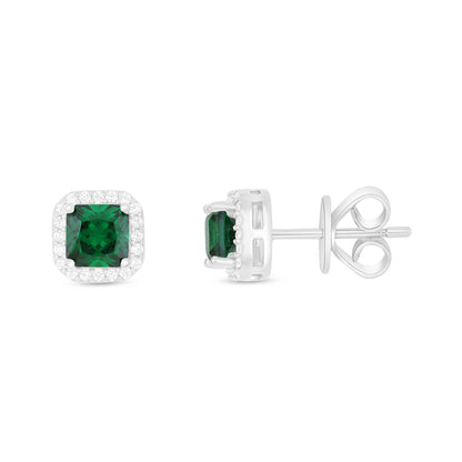 Sterling Silver 925 Earring Rhodium Plated Embedded With Emerald Zircon And White Zircon