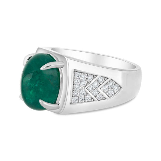 خاتم رجالي عيار 925 مطلي روديوم مرصع بحجر الزمرد الطبيعي و الالماس الطبيعي سي في دي جودة في في اس