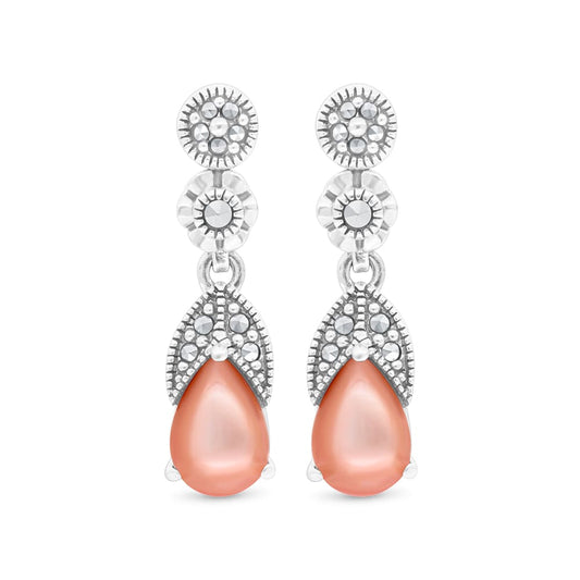 Sterling Silver 925 Earring Embedded With Natural Pink Shell And Marcasite Stones