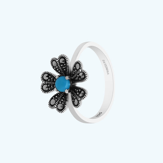Sterling Silver 925 Ring Embedded With Natural Processed Turquoise And Marcasite Stones