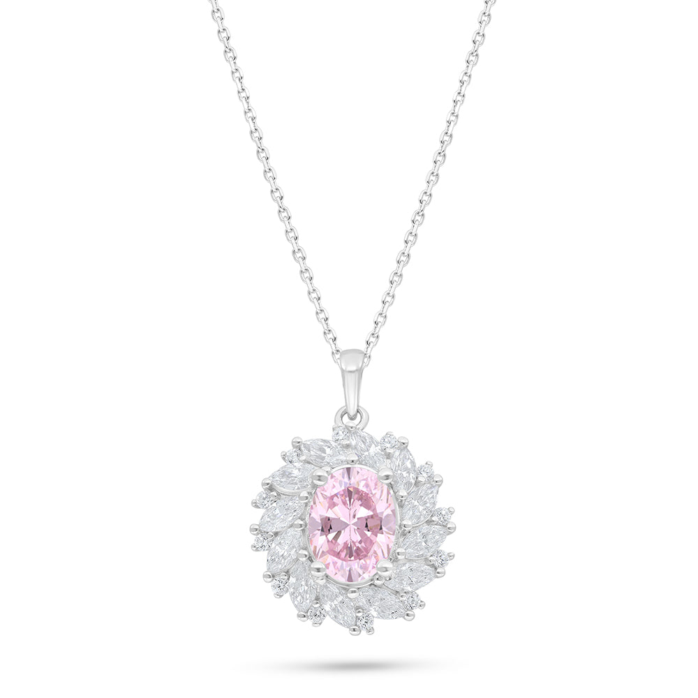 Sterling Silver 925 Necklace Rhodium Plated Embedded With Pink Zircon And White Zircon