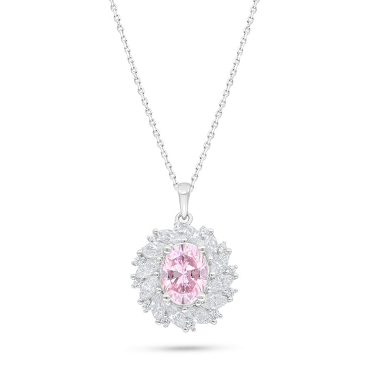 Sterling Silver 925 Necklace Rhodium Plated Embedded With Pink Zircon And White Zircon