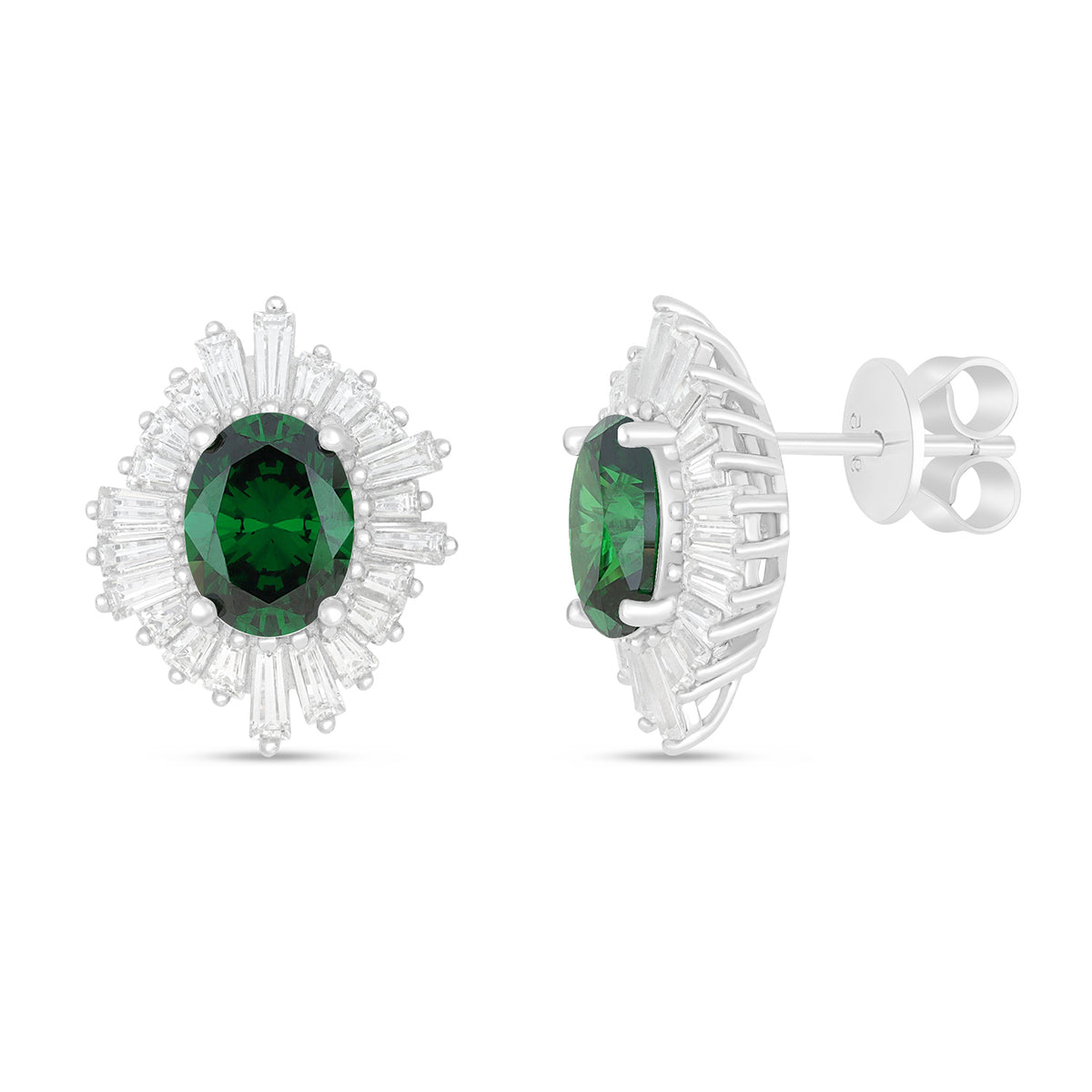 Sterling Silver 925 Earring Rhodium Plated Embedded With Emerald Zircon And White Zircon